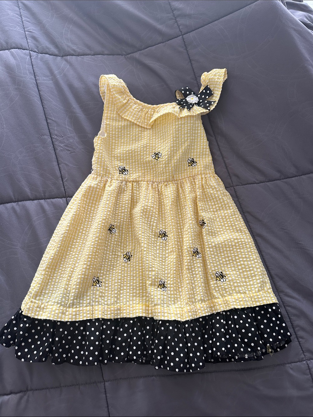 Rare Editions, Yellow Bee-Embroidered Girls' Summer Dress with Polka Dot Trim